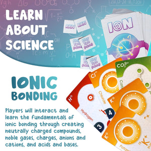 Ion compound building card game showing detailed chemistry card illustrations, educational gift