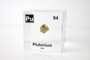 Plutonium element cube front view on white background, rare radioactive element collector gift