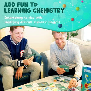 Subatomic atom building game card artwork showing particle physics illustrations, educational gift