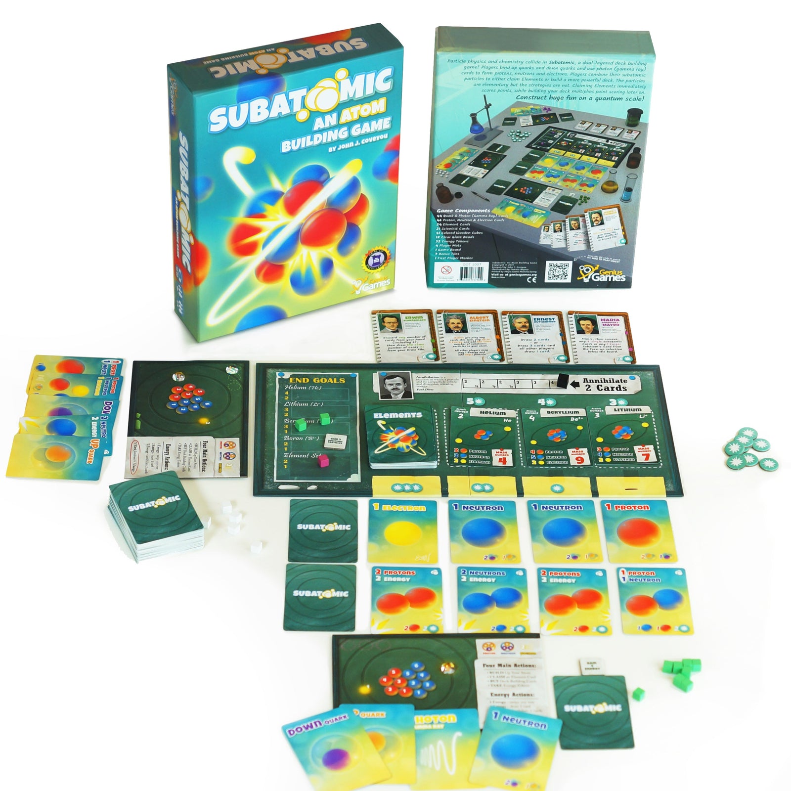Subatomic: An Atom Building Game box art with colorful atomic and chemistry design, educational gift