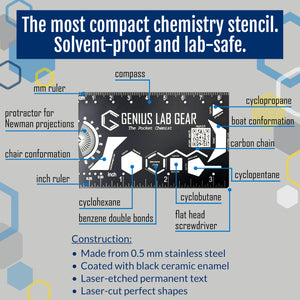 Genius Lab Gear's pocket wallet tool organic chemistry stencil drawing template with cyclohexane chair conformation and chair flip newman flat head screwdriver carbon chain benzene cyclopentane cyclopropane
