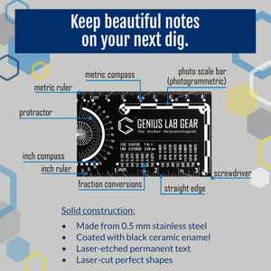 Genius Lab Gear's paleontology fossil digging kit pocket ruler compass metric ruler protractor conversions screwdriver photogrammetric