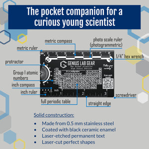 A black metal wallet pocket ruler for scientists with periodic table, protractor, compass, and hex wrench slot atomic number metric ruler protractor periodic table masses measurement Sae angle arc screwdriver