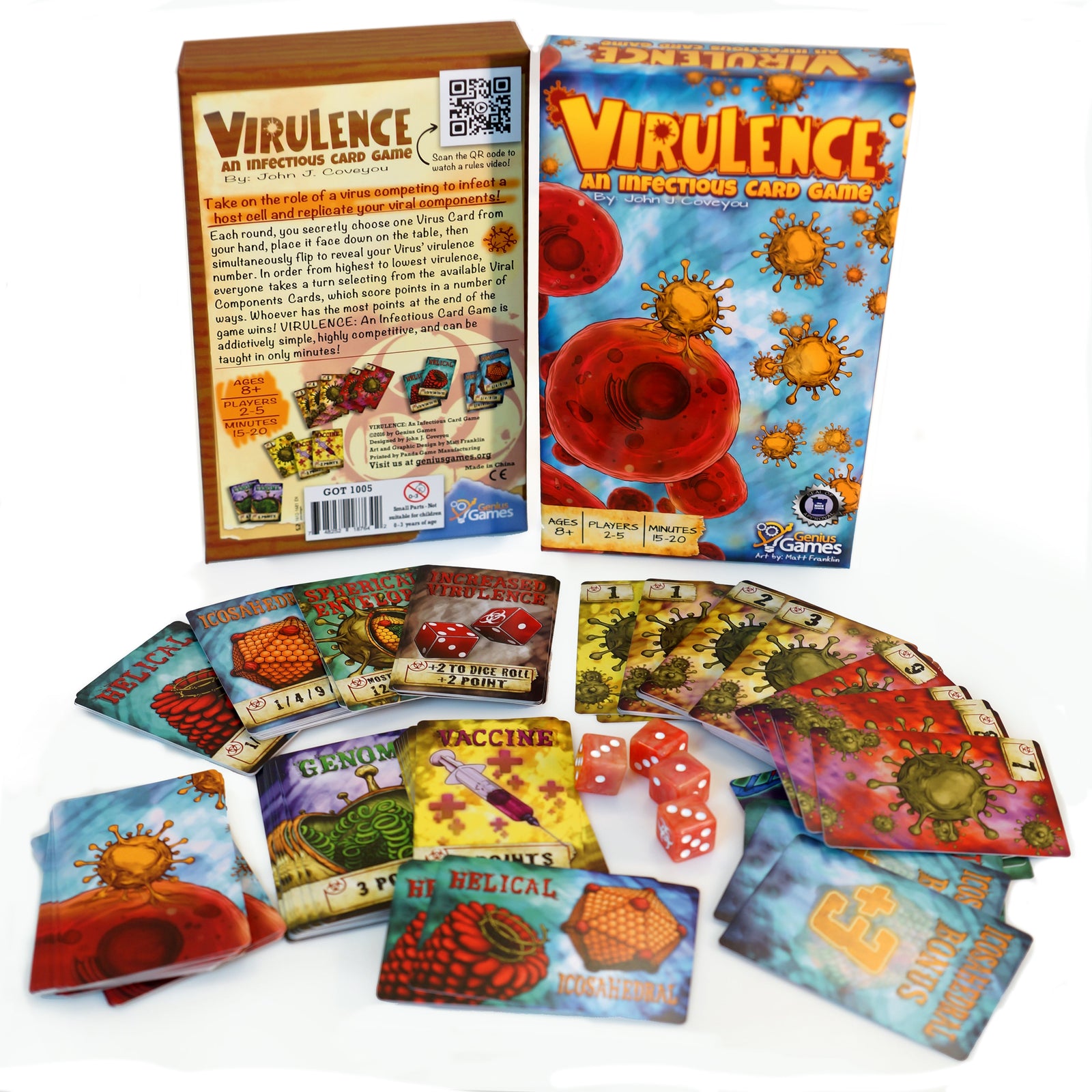 Virulence virus card game box cover, microbiology-themed science board game for families, educational gift