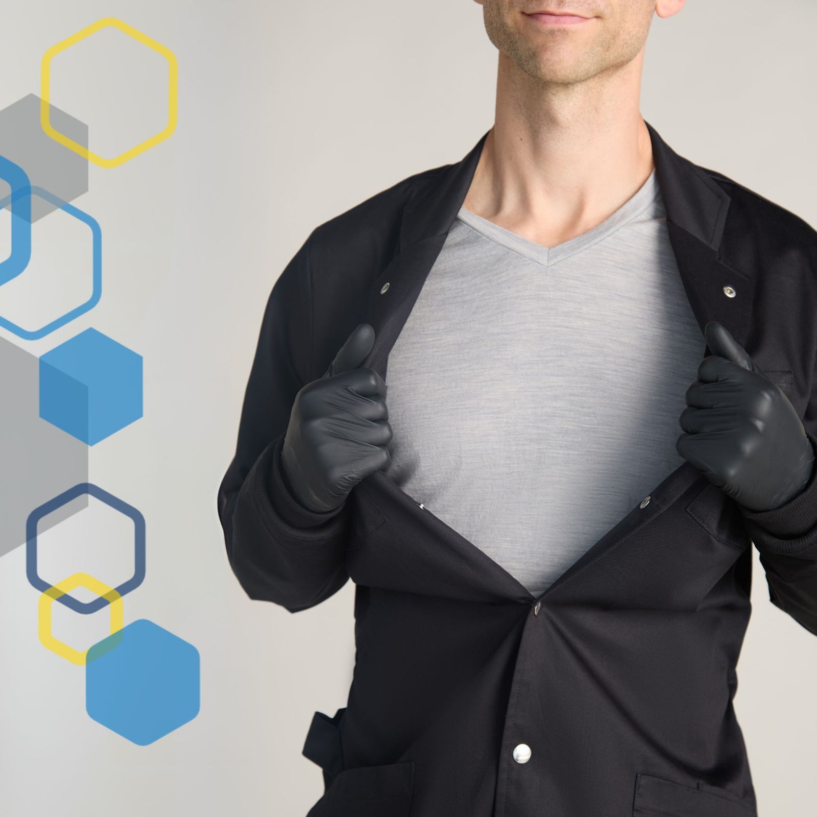 Man in tailored 100% cotton lab coat with quick escape stainless steel snaps for extra safety in fire or chemical splashes