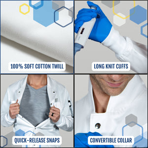 mens lab coat metal snaps rip open mens howie style convertible collar lab coat curie lab coat women in chemistry long knit cuffs pipette 100 percent soft cotton twill lab coat breath