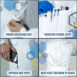 Louis lab coat's features of hidden adjustable belt, utensil slots, side vents and back pleat for more freedom of movement for broad shoulders
