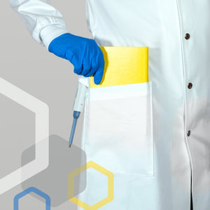 Chemistry lab coat with wide and deep front pockets that can hold an A5 notebook for college organic chemistry class