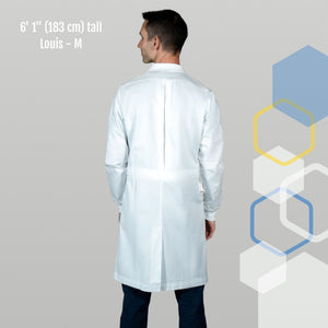 Men's medium lab coat chemistry lab coat - back with features of 100% cotton, cuffed sleeves, high collar, water resistant