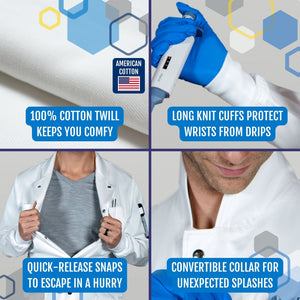 The Louis men's white lab coat: 100% American cotton twill, long knit cuffs that protect wrists from drips, quick-release snaps to escape in a hurry, and a convertible collar for unexpected splashes.