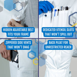 The Louis men's white cotton lab coat features: hidden adjustable belt that fits your frame, dedicated utensil slots that won't spill, zippered side vents that won't snag, and a back pleat for unrestricted reach.
