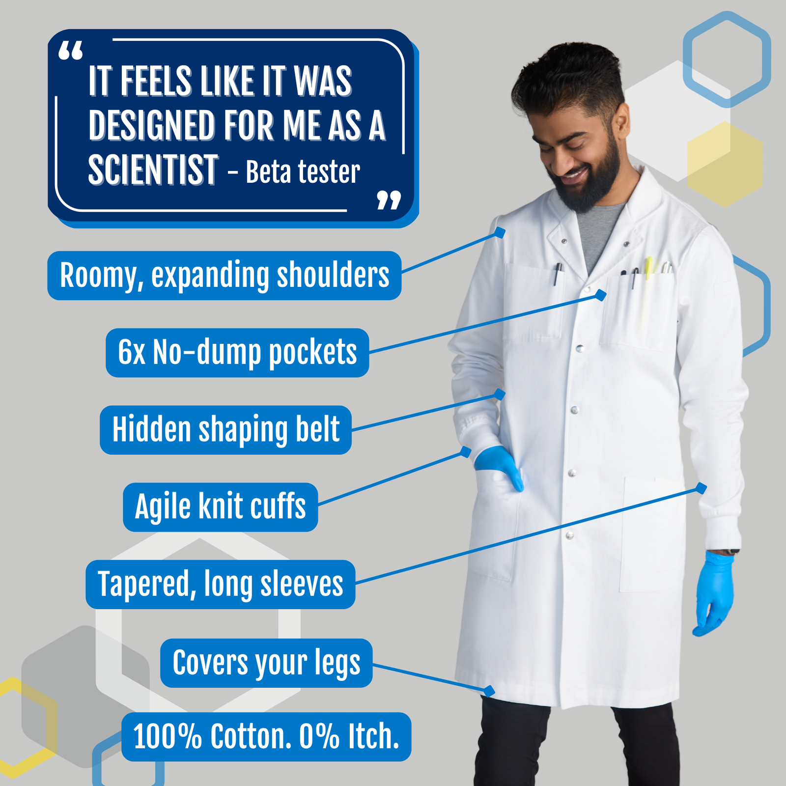 "Louis" men's lab coat cuff for chemistry with features of 100% cotton, cuffed sleeves, high collar, water resistant