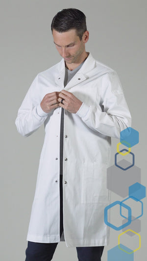 The louis men's cotton lab coat feature overview showing the adjustable belt, individual tool slots, howie style collar, hidden pocket, metal snaps and knit cuffs.
