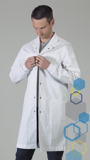 The louis men's cotton lab coat feature overview showing the adjustable belt, individual tool slots, howie style collar, hidden pocket, metal snaps and knit cuffs. 