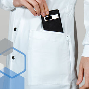 Cotton lab coat with extra phone pocket for college laboratory classes like freshmen organic chemistry