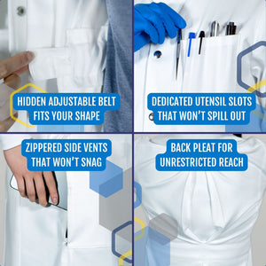 The Curie women's white cotton lab coat features: hidden adjustable belt that fits your shape, dedicated utensil slots that won't spill, zippered side vents that won't snag, and a back pleat for unrestricted reach.