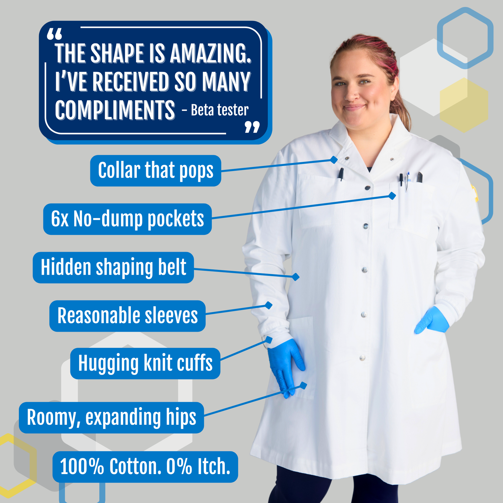 "Curie" women's chemistry lab coat with features of 100% cotton, cuffed sleeves, metal snaps, high collar, water resistant