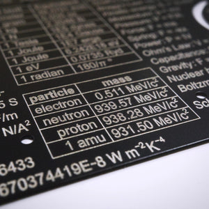 Genius Lab Gear's Pocket Physicist with subatomic particle mass reference table