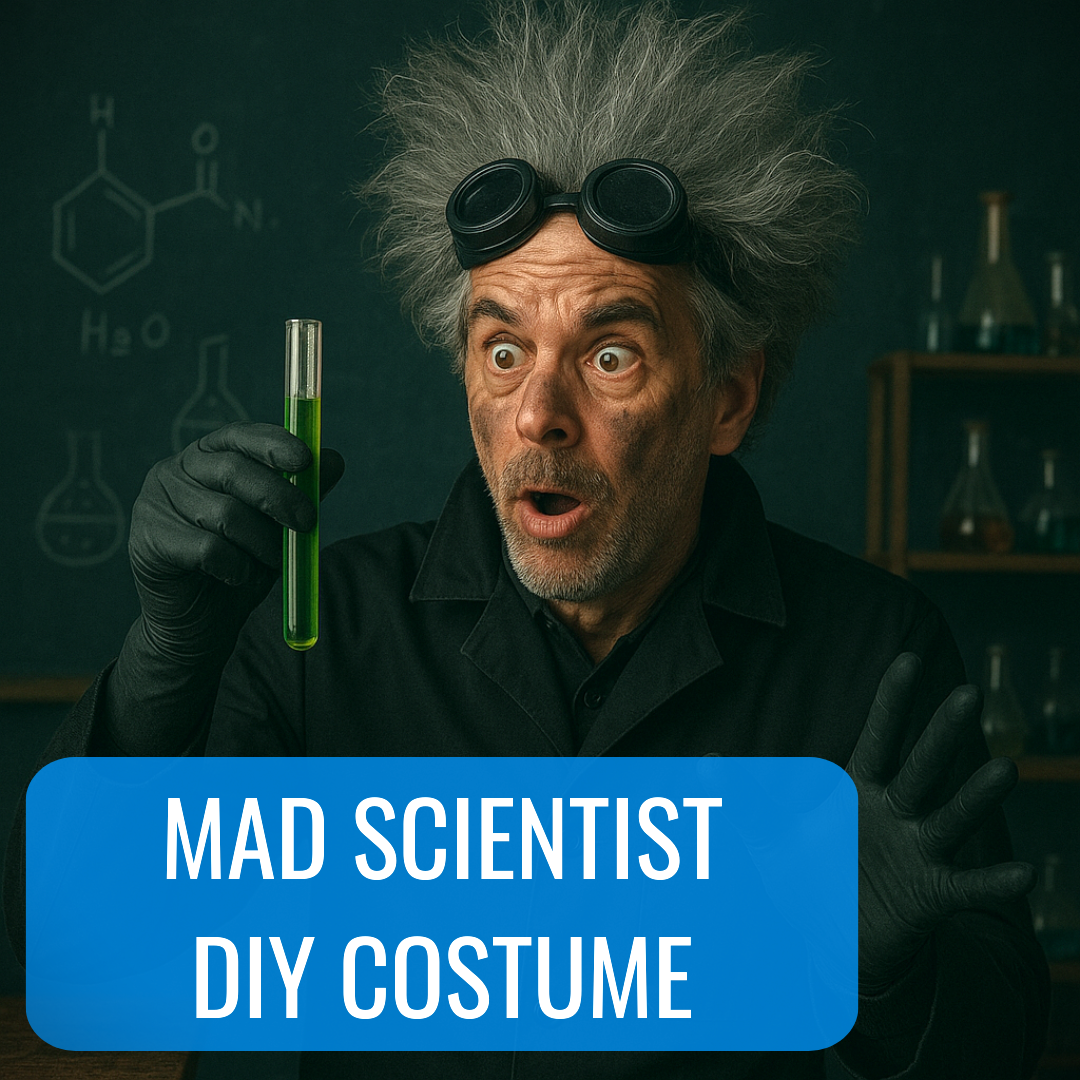 how to make a DIY classic mad scientist halloween outfit with a black lab coat
