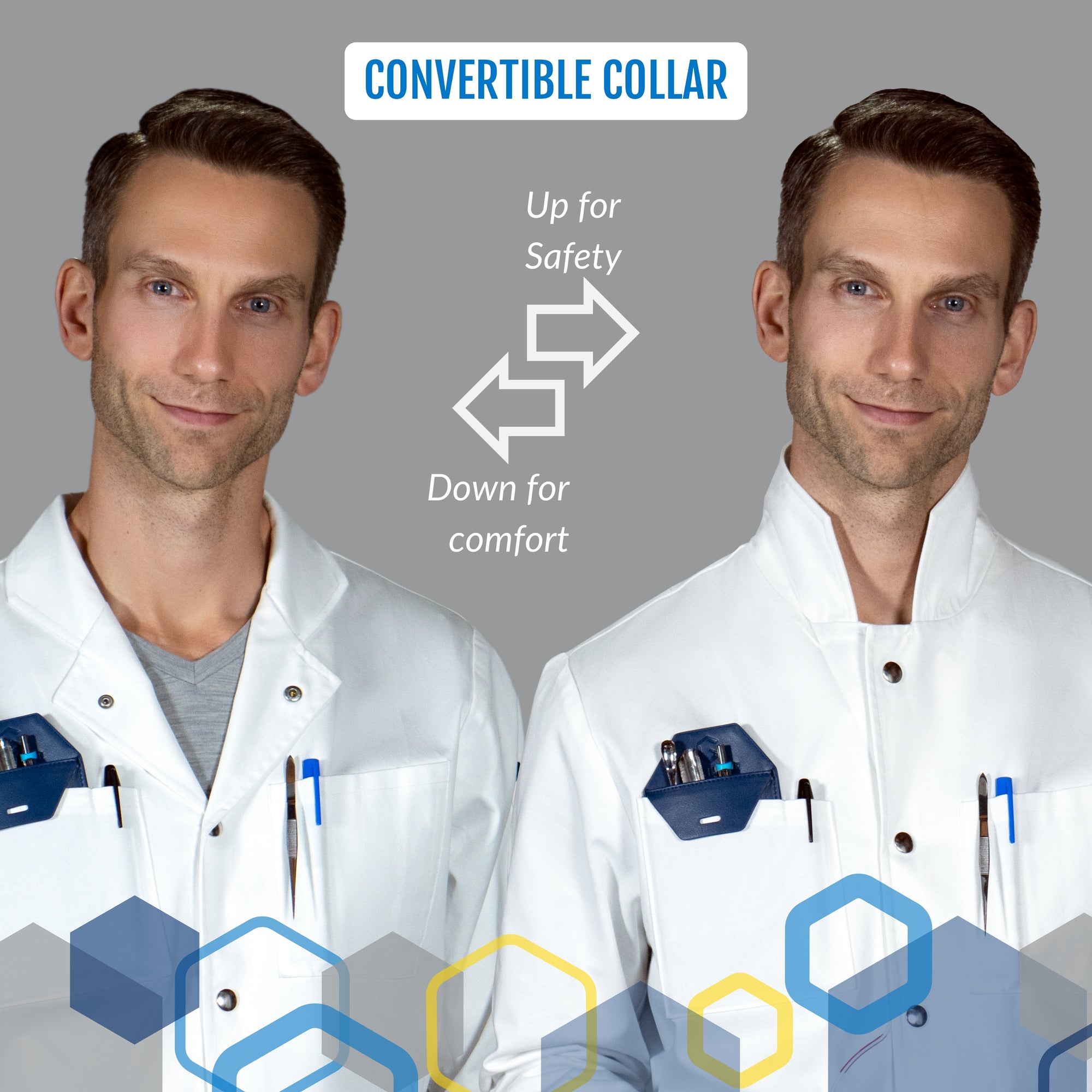 convertible howie collar lab coat to lapel collar for extra safety in chemistry lab classes and microbiology laboratories