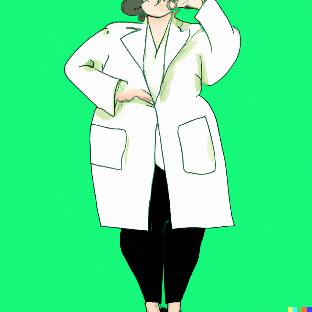 plus sized woman wearing a white cotton lab coat sketch
