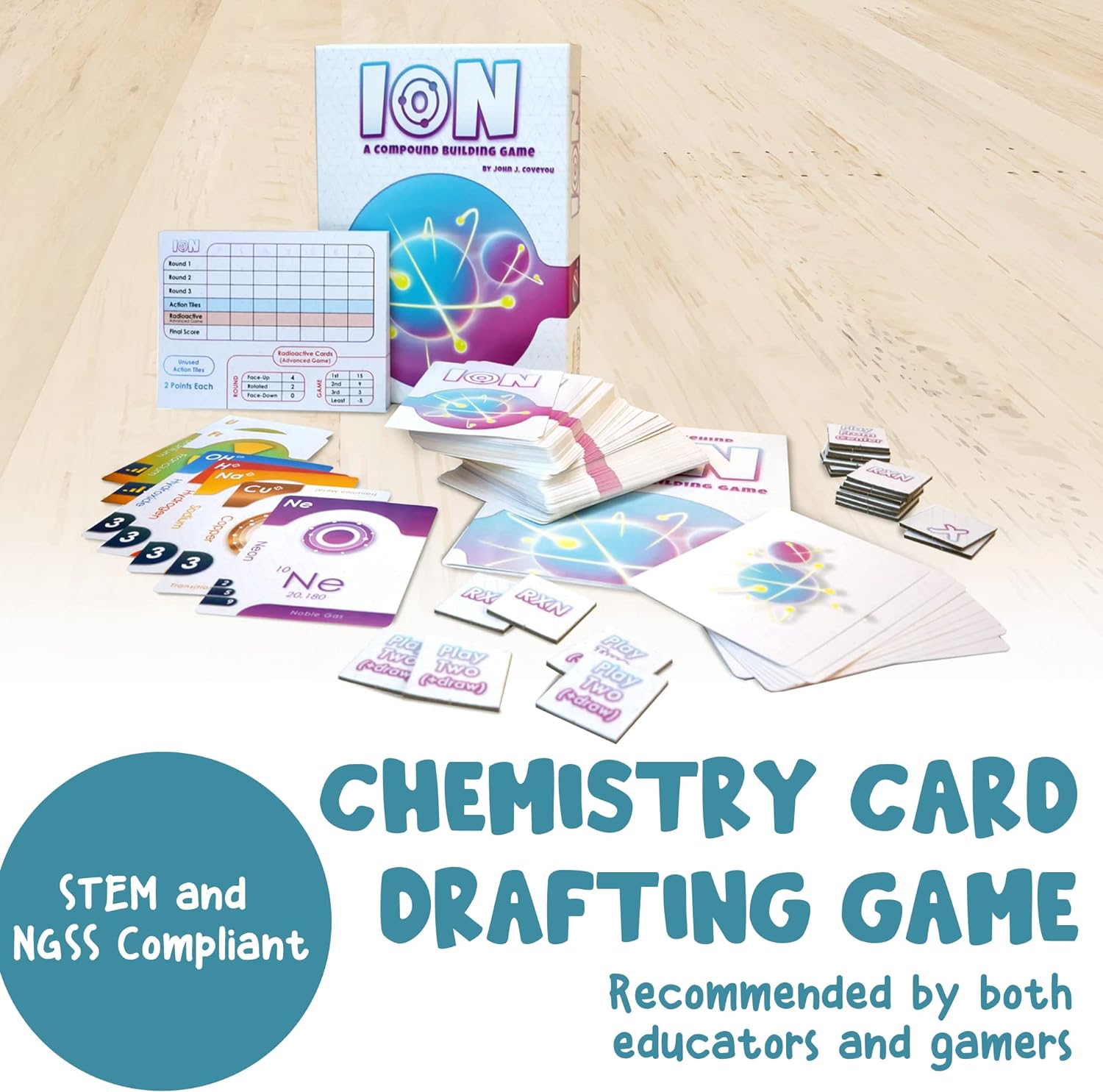 Ion compound building game showing cation and anion card mechanics, educational gift