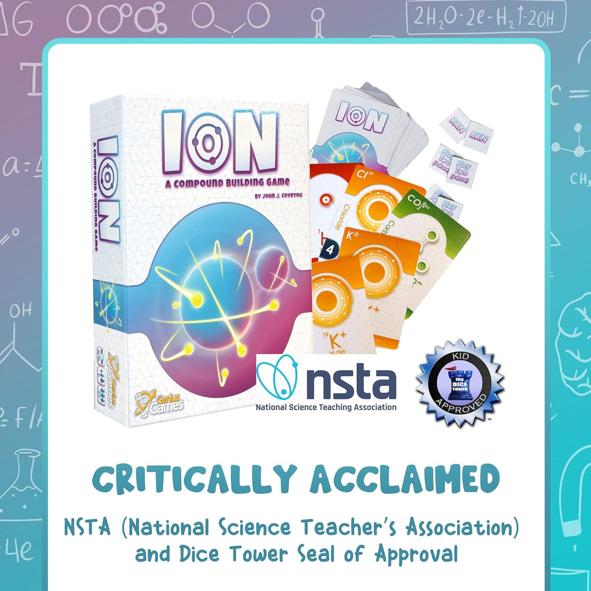 Ion chemistry card game gameplay with element and compound cards in play, educational gift