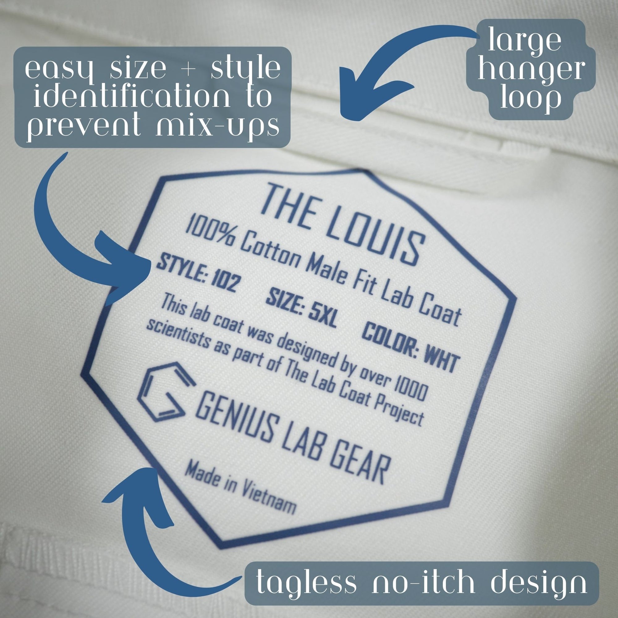 the louis tagless lab coat neck design by genius lab gear