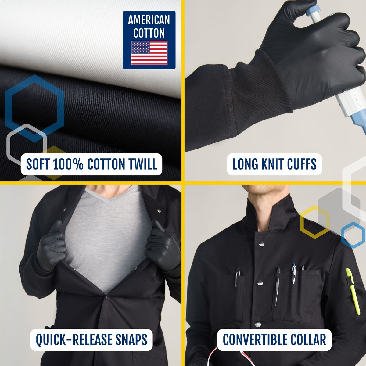 soft 100% American thick cotton twill long knit cuffs on a gloved hand with quick-release snap stainless steel closures and a howie style convertible collar