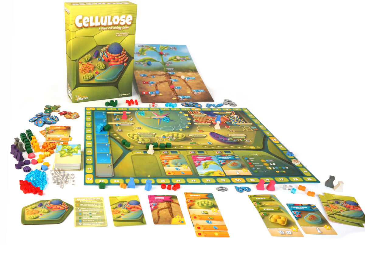 Cellulose board game angled overhead view showing full play area with all components, science gift