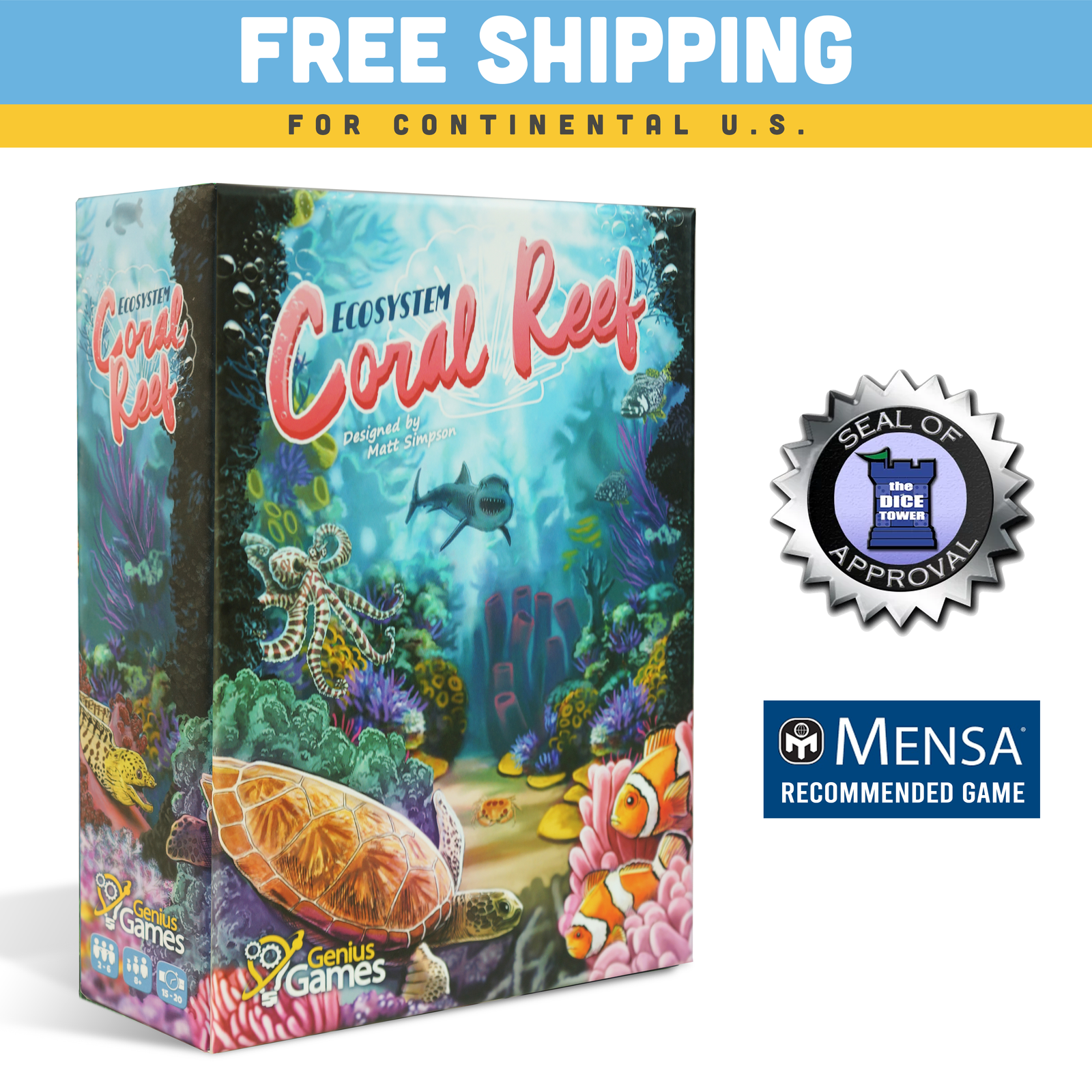 Ecosystem Coral Reef card game box feature shot with vibrant ocean wildlife artwork, science gift
