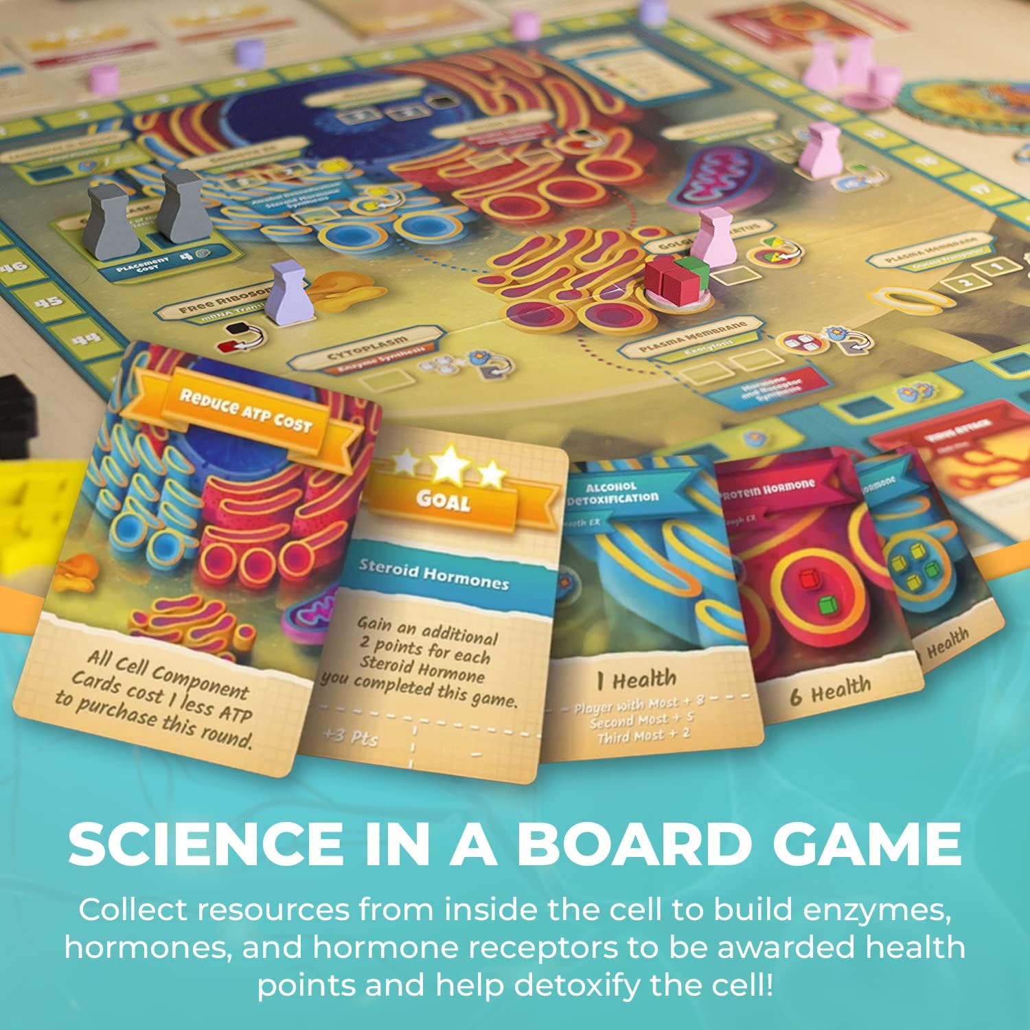 Cytosis cell biology game player board and resource tokens laid out for gameplay, educational gift