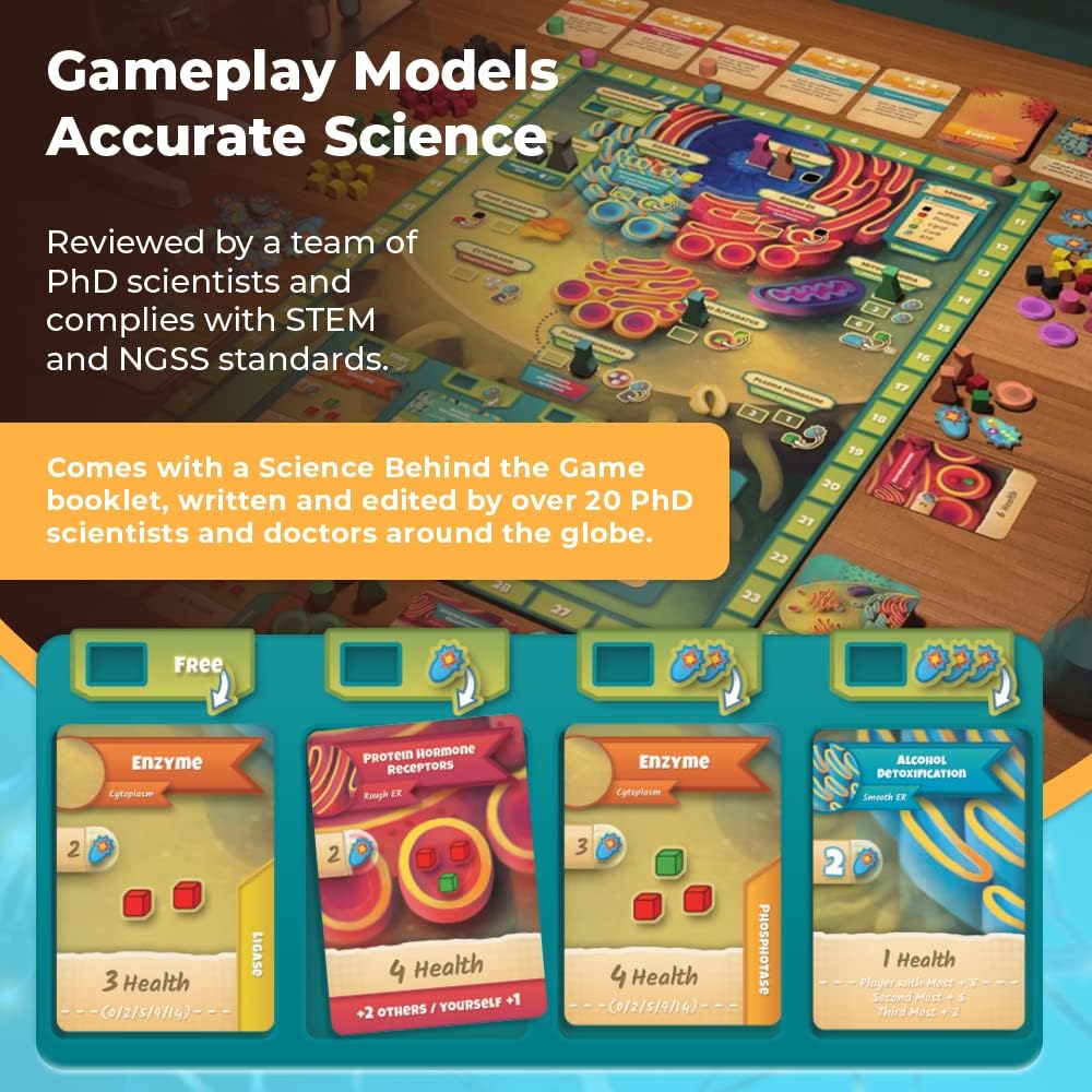 Cytosis cell biology game box contents including cards, tokens and game board, educational gift