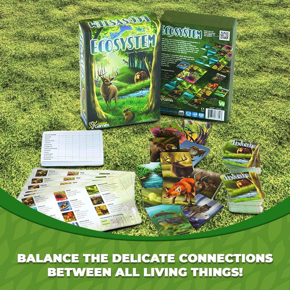 Ecosystem card game box contents with illustrated animal and plant cards, educational gift