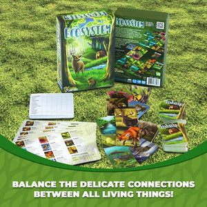 Ecosystem card game box contents with illustrated animal and plant cards, educational gift
