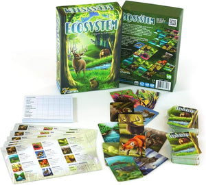 Ecosystem card game components laid out, educational gift for science families