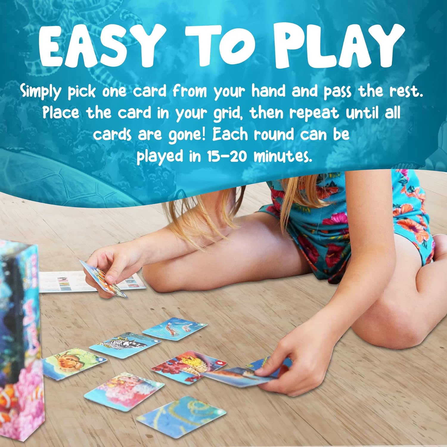 Ecosystem Coral Reef game showing ocean habitat and predator-prey card mechanics, gift for scientists