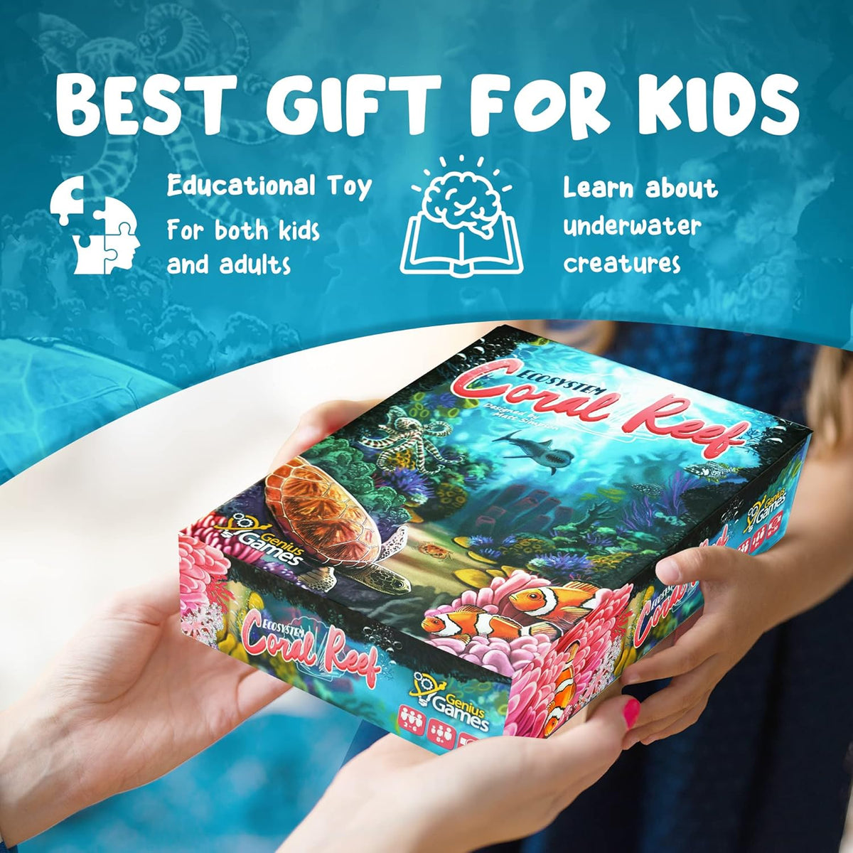 Ecosystem Coral Reef card game full box contents, Mensa-recommended science gift for ocean enthusiasts and families