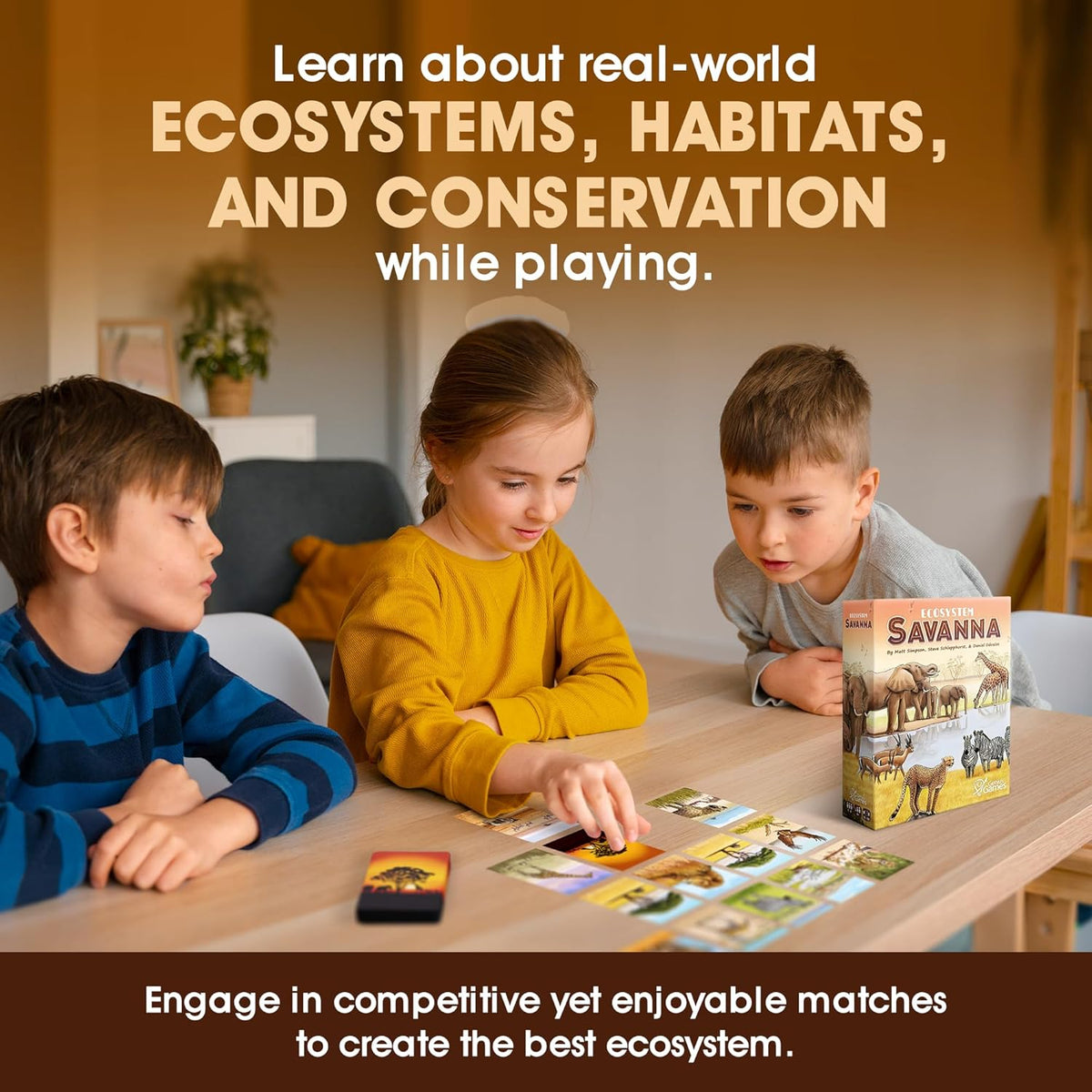 Ecosystem Savanna game card artwork showing detailed African wildlife illustrations, gift for scientists