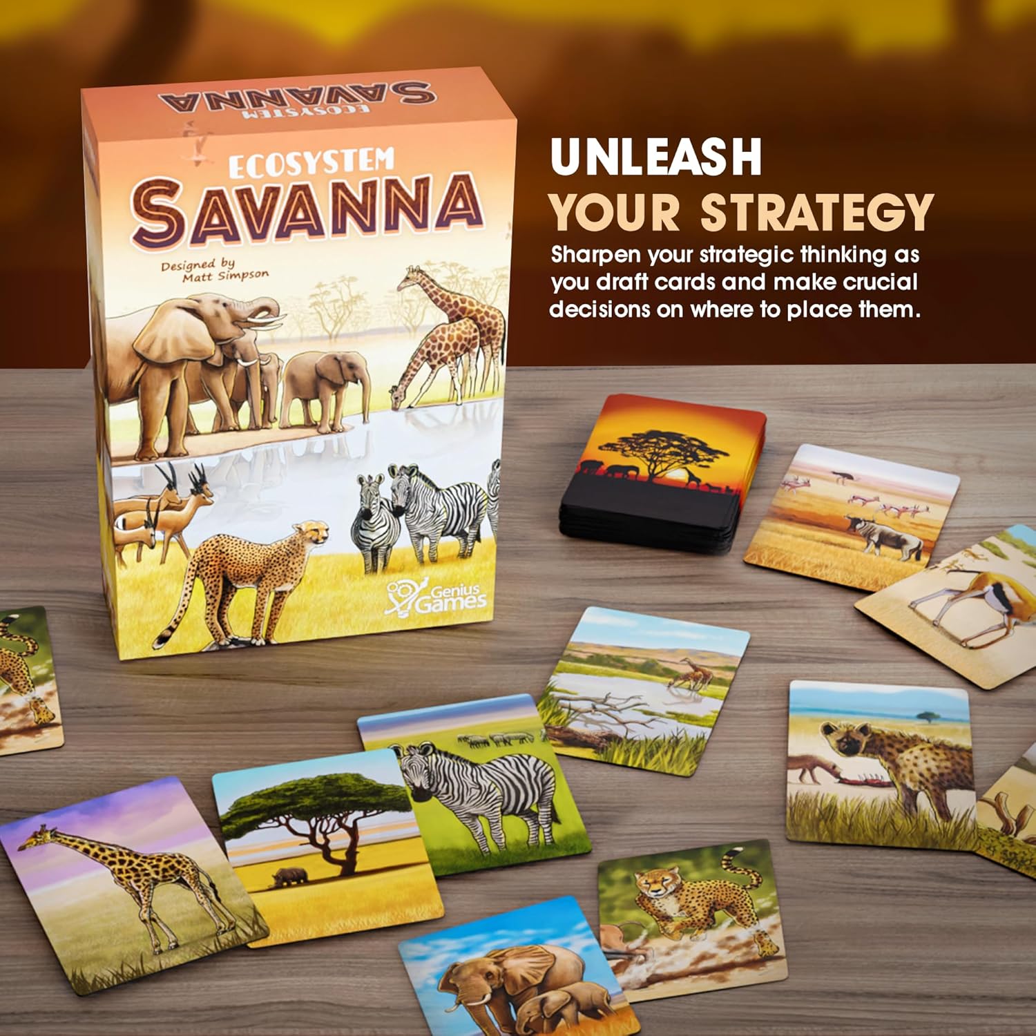 Ecosystem Savanna card game player setup showing grassland ecosystem strategy, gift for scientists