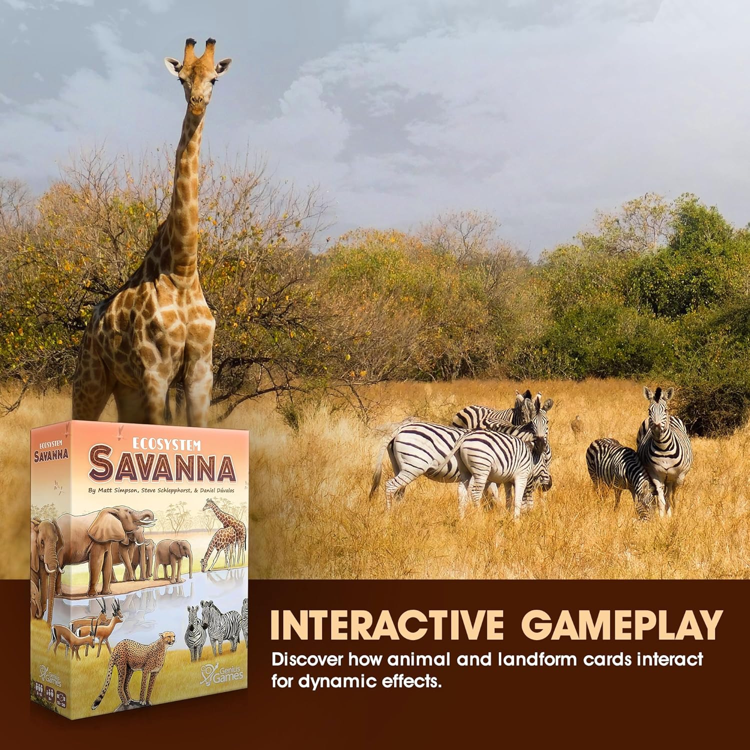 Ecosystem Savanna card game showing food web and animal habitat card mechanics, gift for scientists