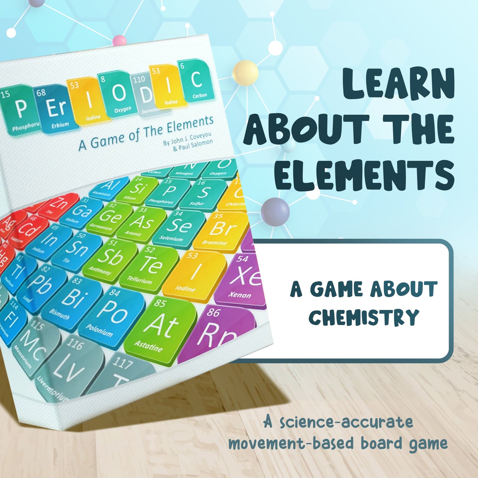 Periodic board game showing the colorful periodic table game board with player tokens, educational gift