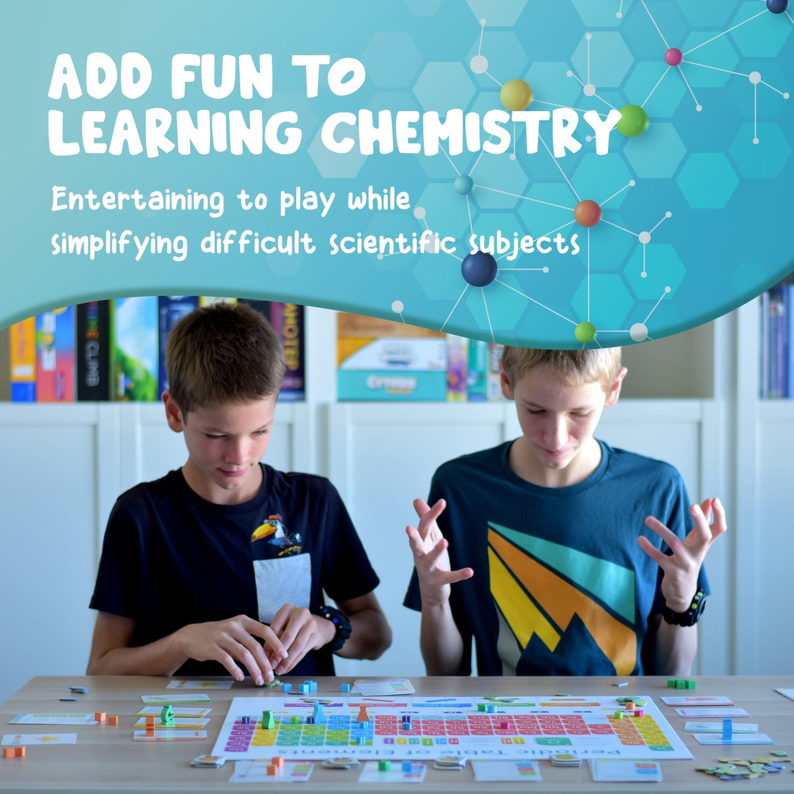 Periodic board game player hand of element cards for chemistry strategy gameplay, educational gift