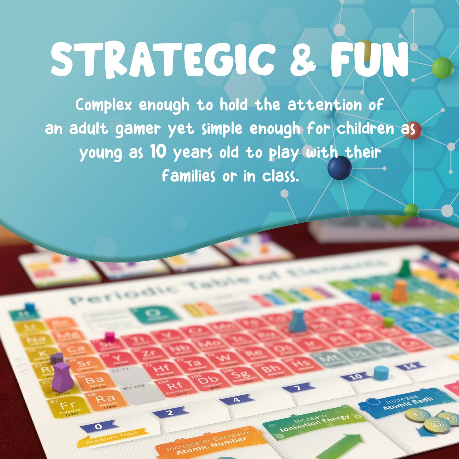 Periodic game components including element tokens and science-themed game board, educational gift