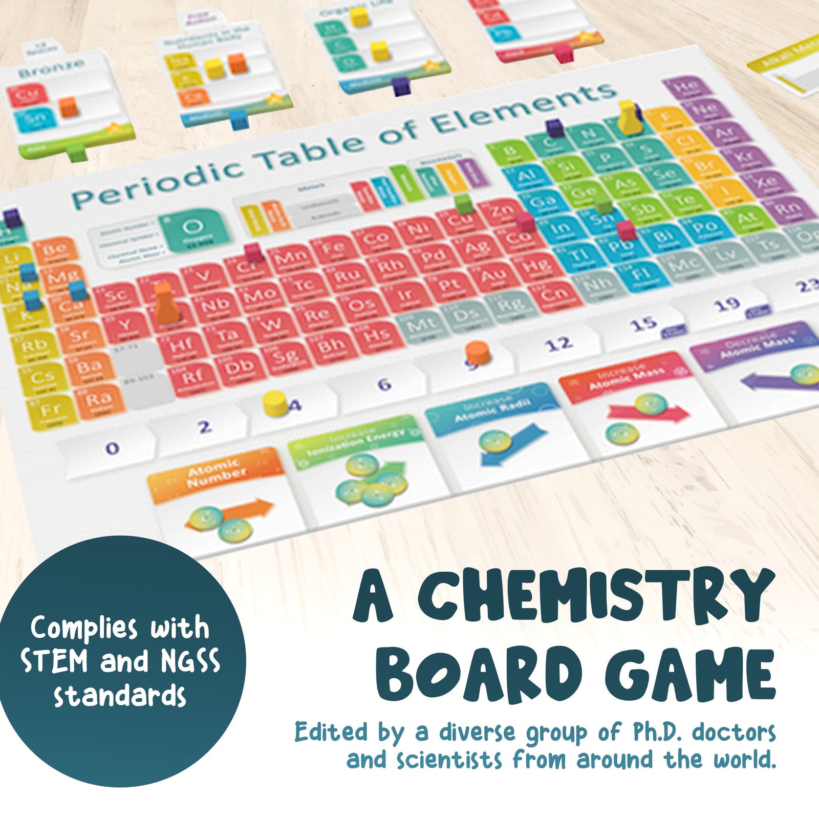 Periodic elements game showing card mechanics, educational gift for STEM students