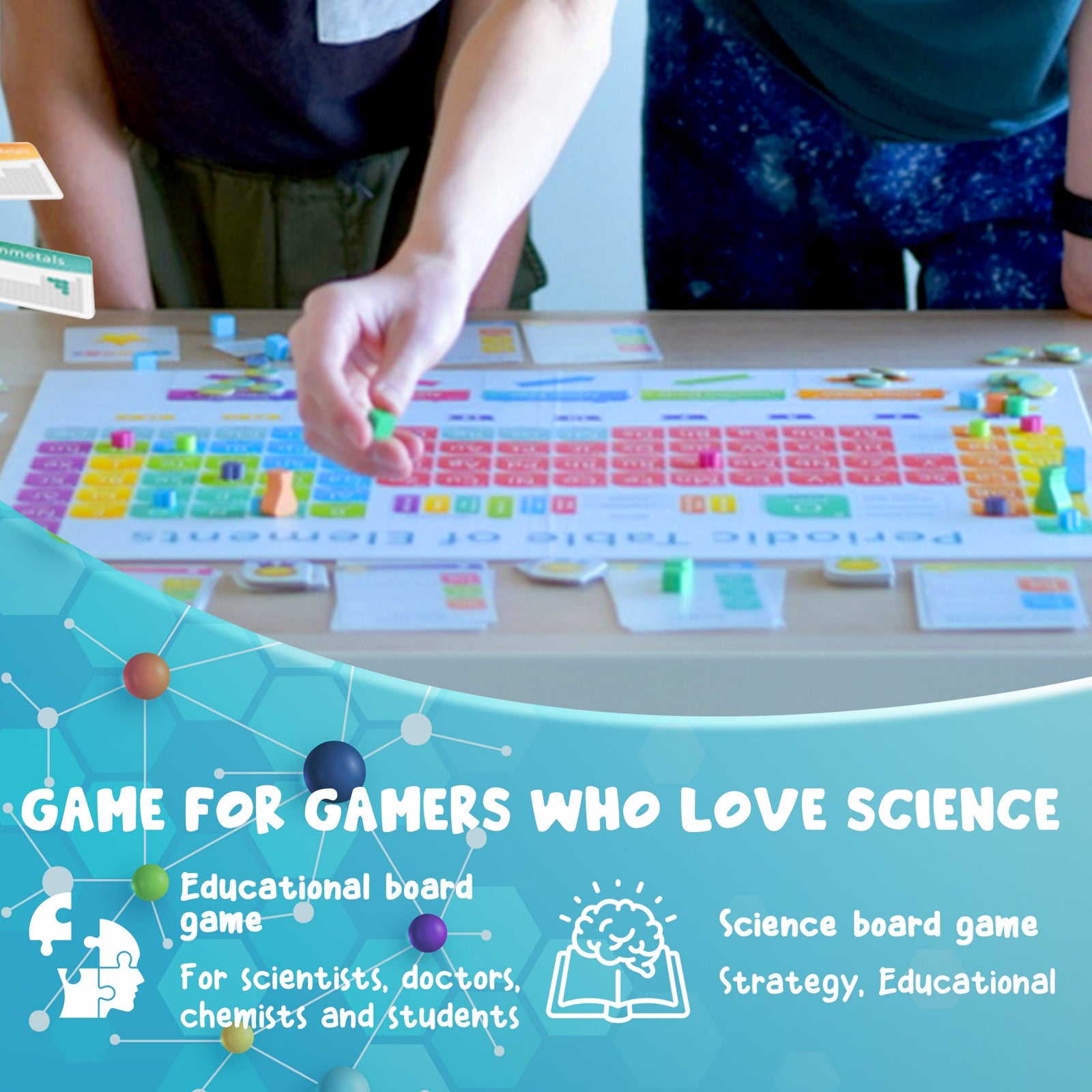 Periodic game of the elements showing science-based gameplay for family game night, educational gift