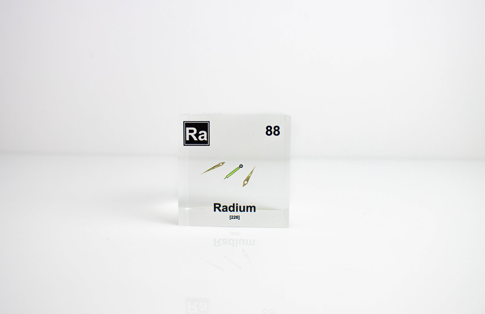 Radium element cube held in hand showing scale, rare nuclear collector gift for science fans