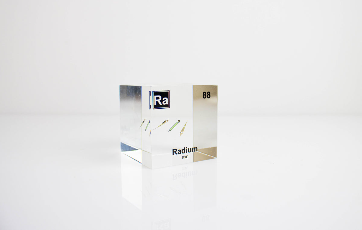 Radium element cube angled view on white background, periodic table collector gift