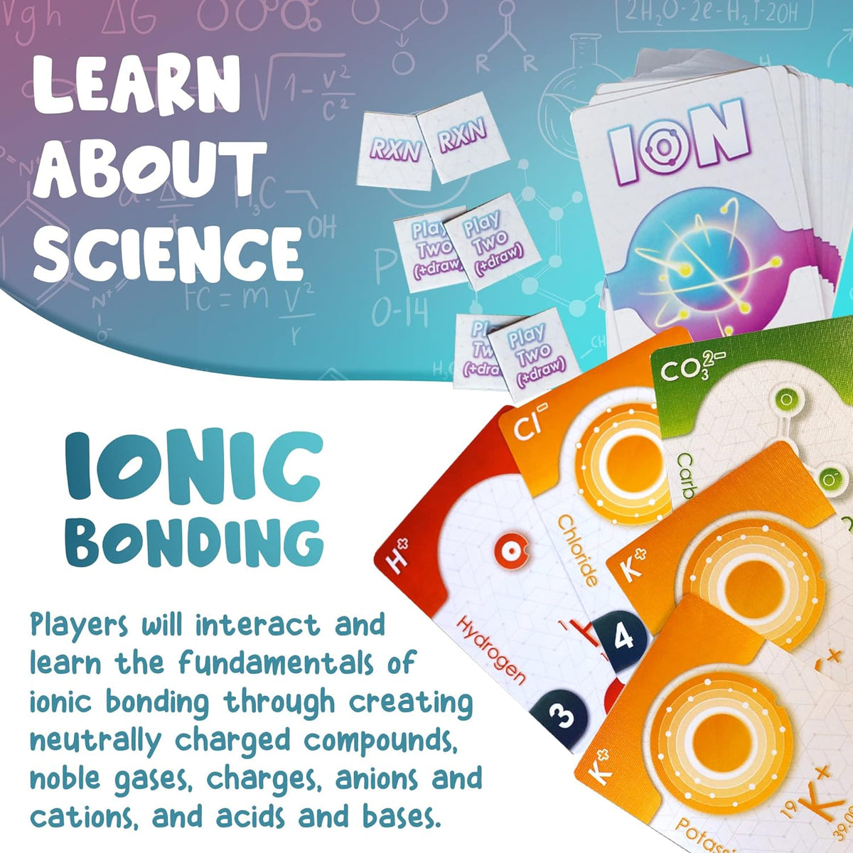 Ion compound building card game showing detailed chemistry card illustrations, educational gift