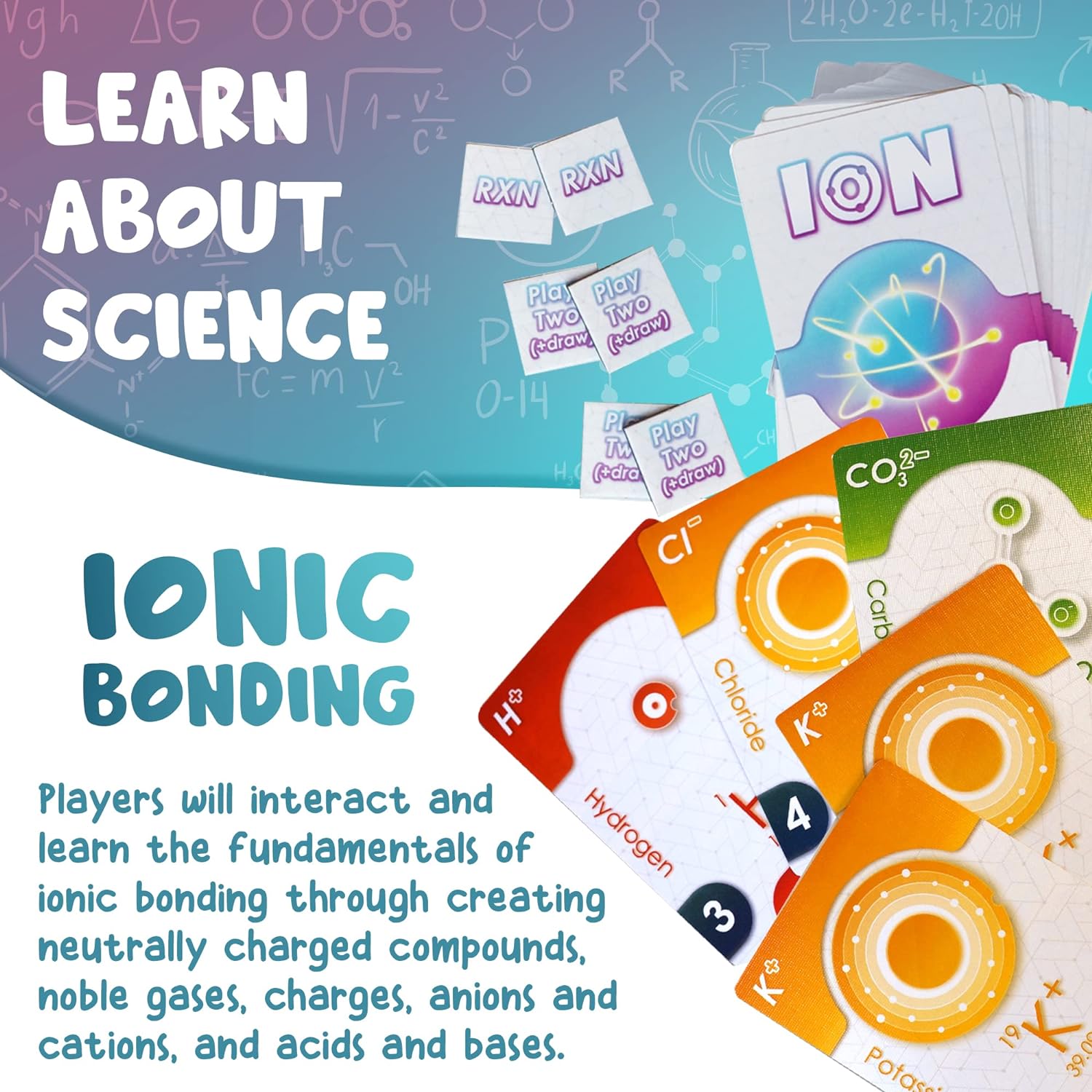 Ion compound building card game showing detailed chemistry card illustrations, educational gift